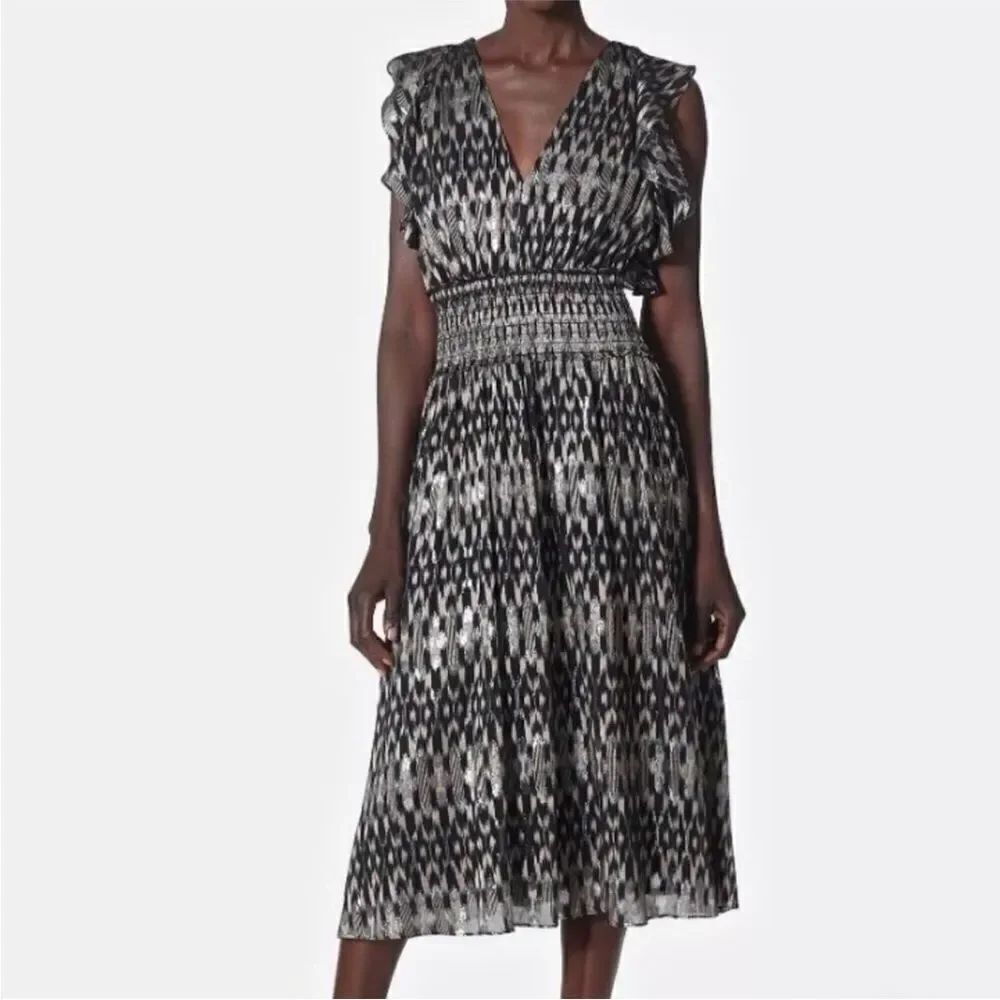 Joie Midi Dress Womens XS Pheobe Metallic Silk Smocked Midi Dress Caviar Black